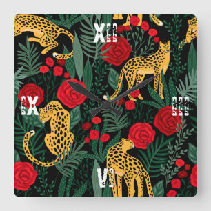 Leopard Rote Rosen Tiersafari Grüne Blätter Quadratische Wanduhr