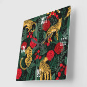 Leopard Rote Rosen Tiersafari Grüne Blätter Quadratische Wanduhr (Winkel)