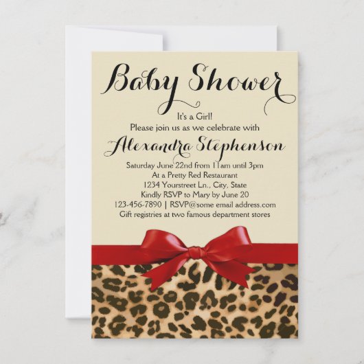 Leopard Safari Red Bow Girl Baby Shower Einladung (Vorderseite)