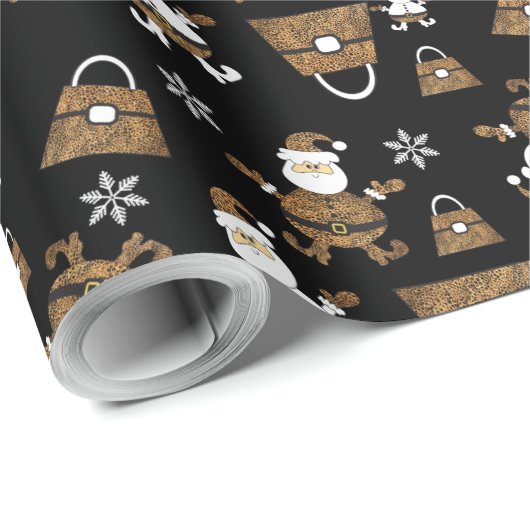 Leopard Santa Purples Muster auf schwarz Geschenkpapier (Rolleneckpunkt)