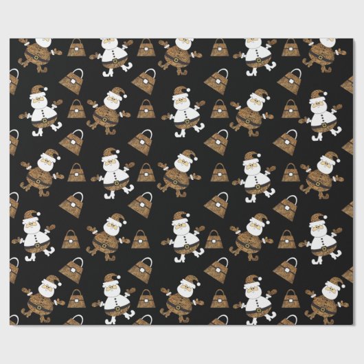Leopard Santa Purples Muster auf schwarz Geschenkpapier (Flach)