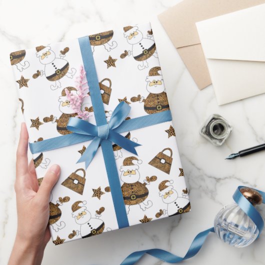 Leopard Santa Purse Sternmuster auf Weiß Geschenkpapier (Schenken)