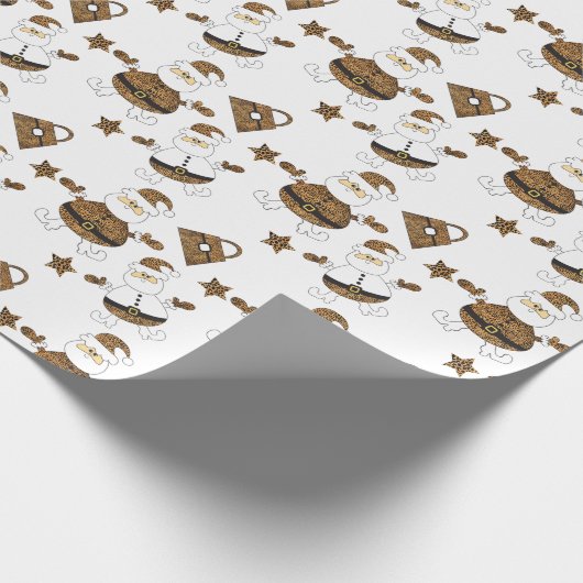 Leopard Santa Purse Sternmuster auf Weiß Geschenkpapier (Ecke)