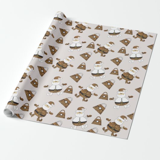 Leopard Santa Purtern Muster auf Beige Geschenkpapier (Ungerollt)