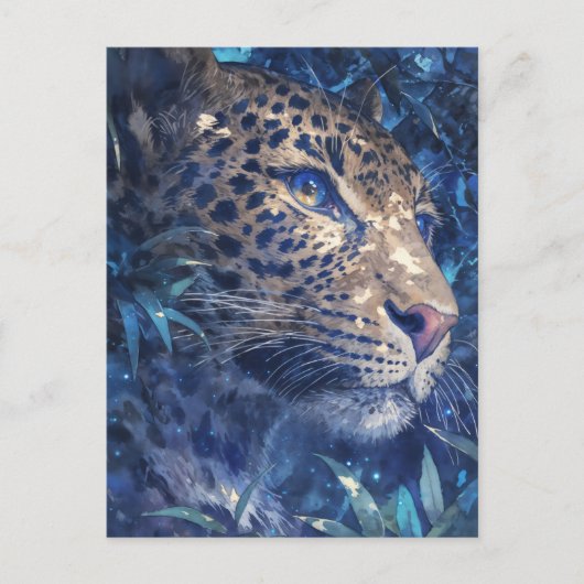Leopard schaut durch Indigo-Aquarell-Dschungel Postkarte (Vorderseite)