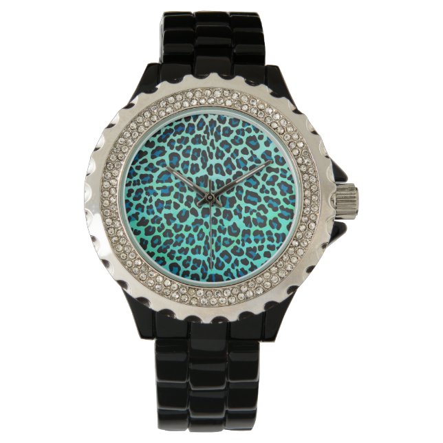 Leopard Schwarz und Aquamarin Armbanduhr (Vorderseite)