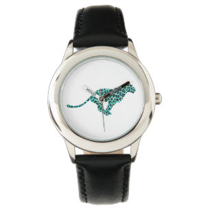 Leopard Schwarz und Aquamarin Armbanduhr