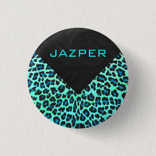 Leopard Schwarz und Aquamarin Button (Vorderseite)