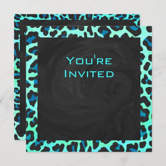 Leopard Schwarz und Aquamarin Einladung (Vorne/Hinten)