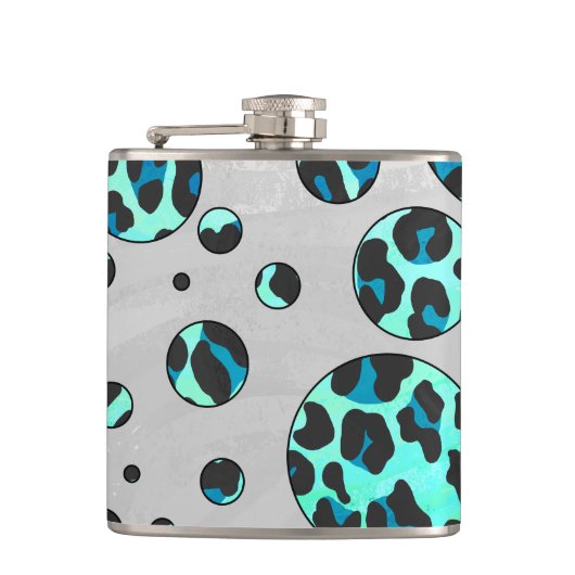 Leopard Schwarz und Aquamarin Flachmann (Vorderseite)