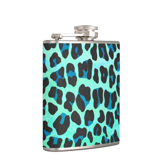 Leopard Schwarz und Aquamarin Flachmann (Rechts)