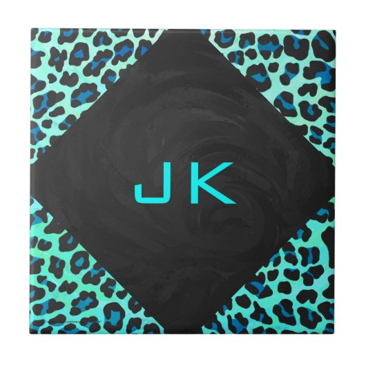 Leopard Schwarz und Aquamarin Fliese (Vorderseite)