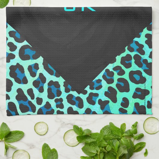 Leopard Schwarz und Aquamarin Geschirrtuch (Gefaltet)