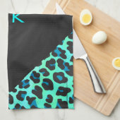 Leopard Schwarz und Aquamarin Geschirrtuch (Viertel Falte)