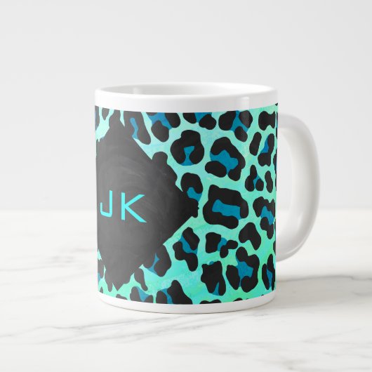 Leopard Schwarz und Aquamarin Jumbo-Tasse (Vorderseite Rechts)