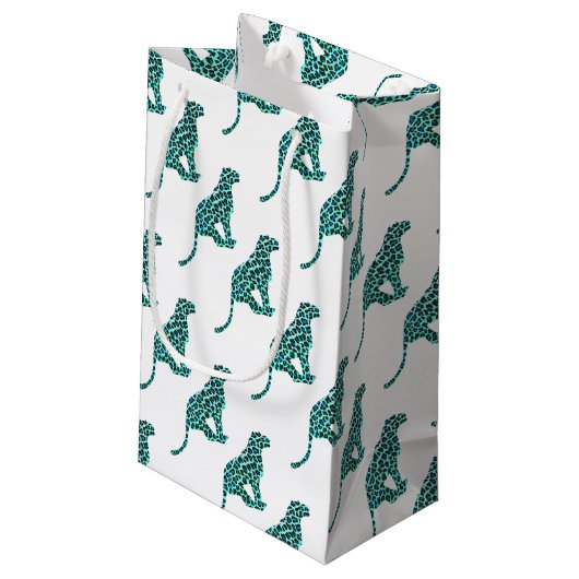 Leopard Schwarz und Aquamarin Kleine Geschenktüte (Rückseite Schrägansicht)
