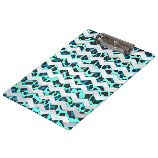 Leopard Schwarz und Aquamarin Klemmbrett (Schrägansicht)