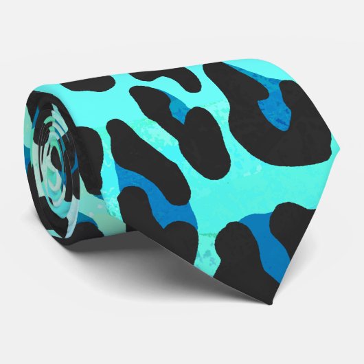 Leopard Schwarz und Aquamarin Krawatte (Gerollt)