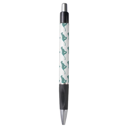 Leopard Schwarz und Aquamarin Kugelschreiber (Vorderseite Vertikal)