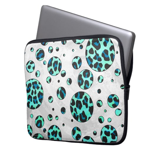 Leopard Schwarz und Aquamarin Laptopschutzhülle (Vorderseite Links)