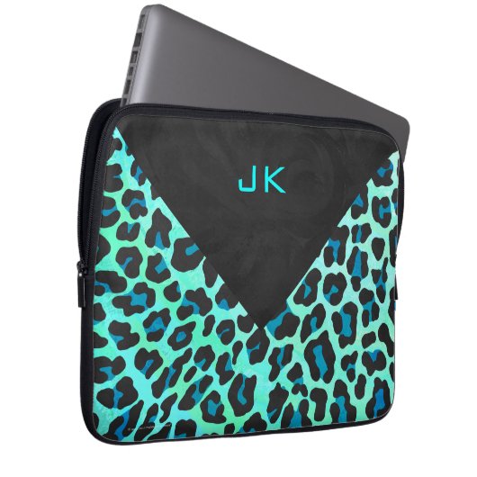 Leopard Schwarz und Aquamarin Laptopschutzhülle (Vorne Rechts)
