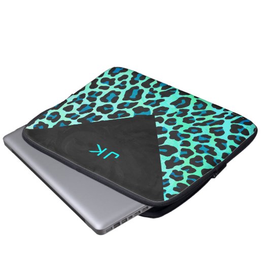 Leopard Schwarz und Aquamarin Laptopschutzhülle (Vorne Knopf)