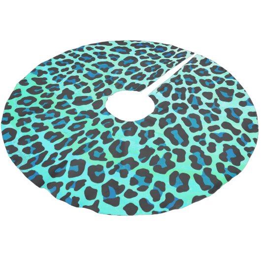 Leopard Schwarz und Aquamarin Polyester Weihnachtsbaumdecke (Schrägansicht)