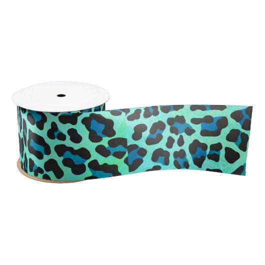 Leopard Schwarz und Aquamarin Satinband (Spule)