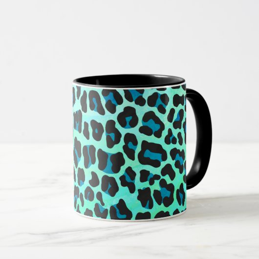 Leopard Schwarz und Aquamarin Tasse (VorderseiteRechts)