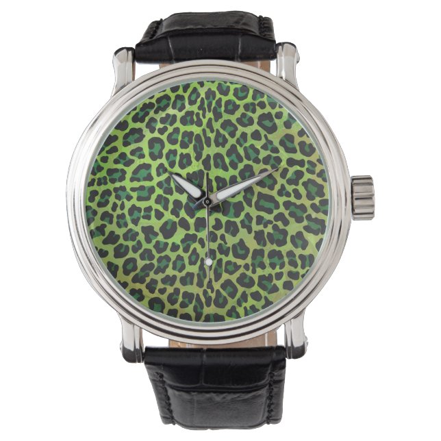 Leopard, Schwarz und Grün Armbanduhr (Vorderseite)