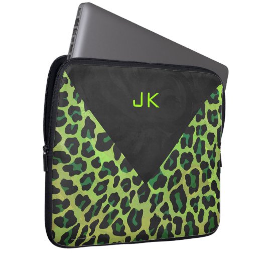 Leopard Schwarz und Grün mit Monogramm Laptopschutzhülle (Vorne Rechts)