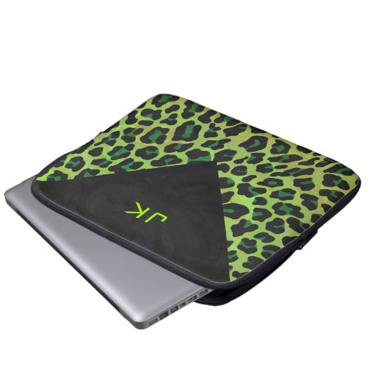 Leopard Schwarz und Grün mit Monogramm Laptopschutzhülle (Vorne Knopf)