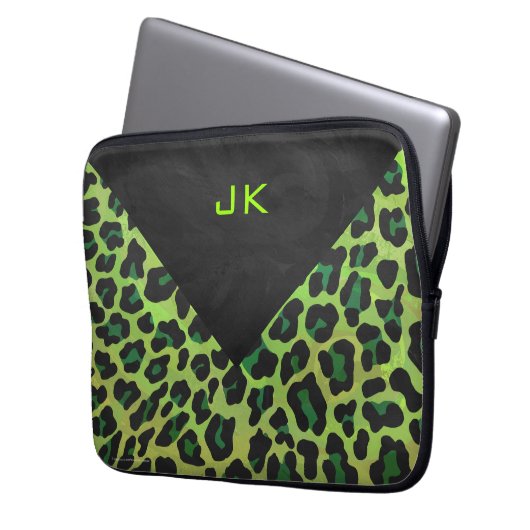 Leopard Schwarz und Grün mit Monogramm Laptopschutzhülle (Vorderseite Links)