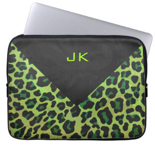 Leopard Schwarz und Grün mit Monogramm Laptopschutzhülle