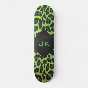 Leopard Schwarz und Grün mit Monogramm Skateboard