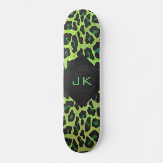 Leopard Schwarz und Grün mit Monogramm Skateboard (Vorderseite)