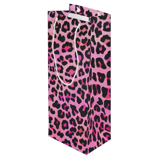 Leopard, Schwarz und Heiß-Rosa Geschenktüte Für Weinflaschen (Rückseite Schrägansicht)