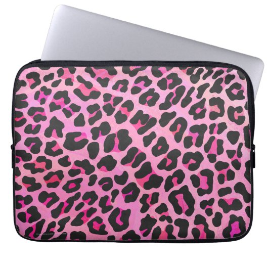 Leopard-Schwarz-und Pink-Druck Laptopschutzhülle (Vorderseite)