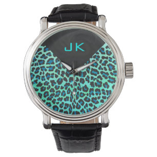 Leopard Schwarz und Türkis Druck Armbanduhr