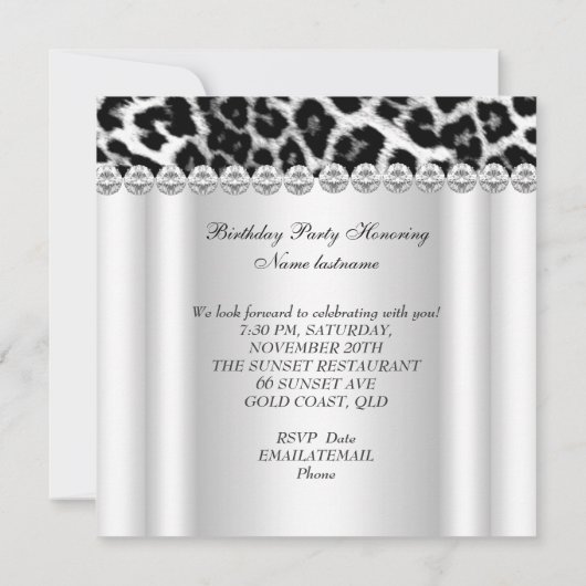 Leopard Schwarz-weiß Birthday Party Glitzer Diamon Einladung (Rückseite)