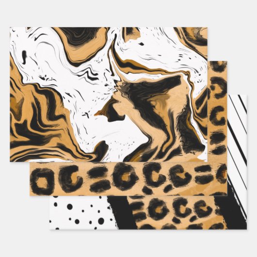 Leopard, schwarze und weiße Streifen und Polka-Pun Geschenkpapier Set (Set)