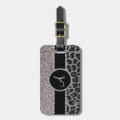 Leopard-Silber-Glitter des Monogramms schwarzer Gepäckanhänger (Vorderseite vertikal)