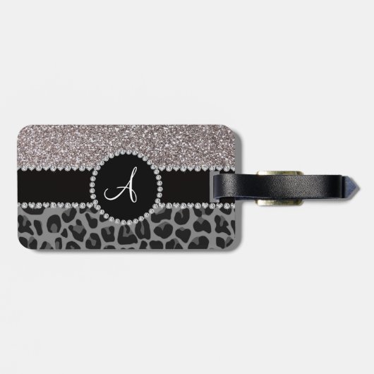 Leopard-Silber-Glitter des Monogramms schwarzer Gepäckanhänger (Rückseite horizontal)