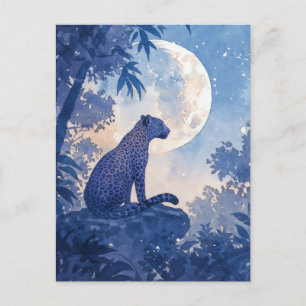 Leopard sitzt auf Felsen unter strahlendem Vollmon Postkarte