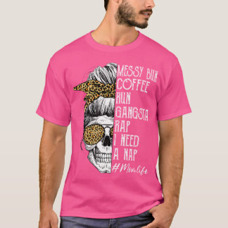 Leopard Skull Lady Mama Life Messy Bun Coffee Run T-Shirt