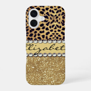 Leopard Spot Gold Glitter Rhinestone Personalisier iPhone 16 Hülle