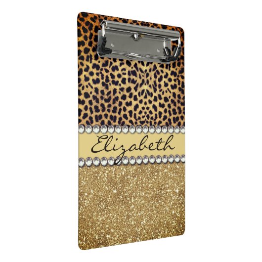 Leopard Spot Gold Glitzer Kristall Extravagant Mini Klemmbrett (Schrägansicht)