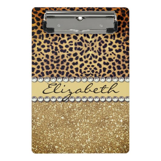Leopard Spot Gold Glitzer Kristall Extravagant Mini Klemmbrett (Vorderseite)