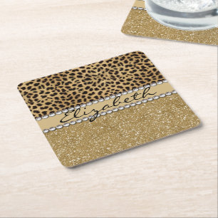 Leopard Spot Gold Glitzer Kristall FOTO PRINT Rechteckiger Pappuntersetzer