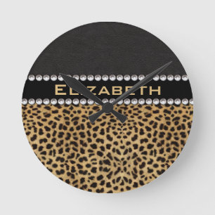 Leopard Spot Rhinestone Diamonds Monogram PHOTO Runde Wanduhr
